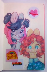 Size: 703x1080 | Tagged: safe, artist:art_bird_owl, oc, oc only, earth pony, pony, unicorn, bust, cute, duo, earth pony oc, horn, looking at you, photo, portrait, simple background, sketch, sketch dump, sketchbook, sticker, traditional art, unicorn oc