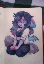 Size: 752x1080 | Tagged: oc name needed, safe, artist:art_bird_owl, oc, oc only, bat pony, anthro, awkward, bat pony oc, cute, female, mare, photo, shy, sitting, solo, thinking, traditional art