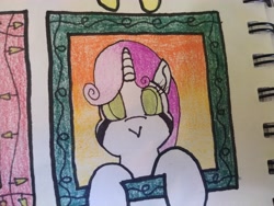 Size: 4608x3456 | Tagged: safe, artist:acid flask, sweetie belle, gynoid, pony, robot, unicorn, g4, 2d, art dump, colored, female, happy, looking at you, mare, paper, sketch, sketch dump, sketchbook, smiling, solo, sweetie bot, traditional art