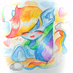 Size: 2160x2170 | Tagged: safe, artist:うめおにぎり, rainbow dash, pegasus, pony, g4, blushing, eyes closed, female, high res, mare, open mouth, solo, traditional art