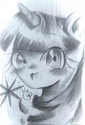 Size: 1400x2048 | Tagged: safe, artist:うめおにぎり, twilight sparkle, pony, unicorn, g4, bust, female, mare, monochrome, portrait, solo, traditional art