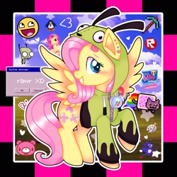 Size: 1925x1925 | Tagged: safe, artist:daylight_sketch, fluttershy, pegasus, pony, antonymph, cutiemarks (and the things that bind us), g4, clothes, costume, female, fluttgirshy, gir, grin, invader zim, mare, microsoft, microsoft windows, minecraft, nyan cat, piercing, sanic, smiling, solo, sonic the hedgehog (series), starry eyes, toy, vylet pony, webcore, wingding eyes