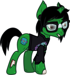 Size: 1014x1090 | Tagged: safe, artist:lightningbolt, derpibooru exclusive, pony, undead, unicorn, zombie, zombie pony, g4, .svg available, bags under eyes, bloodshot eyes, bone, broken glasses, broken horn, clothes, colored pupils, ear piercing, gauges, glasses, horn, lidded eyes, lip bite, lip piercing, long sleeves, male, pierce the veil, piercing, ponified, scar, show accurate, simple background, snake bites, solo, stallion, stitches, svg, tony perry, torn clothes, torn ear, transparent background, vector, walking