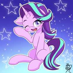 Size: 2048x2048 | Tagged: safe, artist:zeon_starlight, starlight glimmer, pony, unicorn, g4, blushing, cute, female, glimmerbetes, high res, looking at you, mare, one eye closed, open mouth, open smile, signature, sitting, smiling, smiling at you, solo, wink, winking at you