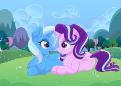 Size: 1828x1300 | Tagged: safe, artist:dr_rosemary_, starlight glimmer, trixie, pony, unicorn, g4, duo, duo female, eye contact, female, lesbian, looking at each other, looking at someone, lying down, mare, open mouth, open smile, prone, ship:startrix, shipping, smiling, smiling at each other