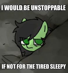 Size: 500x534 | Tagged: safe, artist:omelettepony, oc, oc only, oc:filly anon, earth pony, pony, caption, earth pony oc, eye clipping through hair, female, filly, foal, impact font, looking at you, solo, text, tired