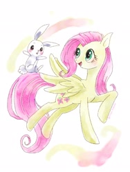 Size: 1536x2048 | Tagged: safe, artist:tsuyu_nyanko, angel bunny, fluttershy, pegasus, pony, rabbit, g4, animal, female, mare