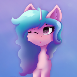 Size: 3500x3500 | Tagged: safe, artist:gaffy, izzy moonbow, pony, unicorn, g5, ;p, female, gradient background, high res, one eye closed, solo, tongue out, wink