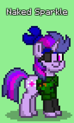 Size: 516x852 | Tagged: safe, twilight sparkle, pony, unicorn, pony town, g4, eyepatch, green background, metal gear solid, metal gear solid 3, naked snake, simple background, solo