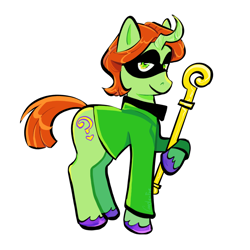 Size: 2000x2000 | Tagged: safe, artist:carconutty, pony, unicorn, batman, cane, clothes, curved horn, dc comics, high res, horn, male, mask, ponified, shirt, simple background, solo, staff, stallion, suit, the riddler, unshorn fetlocks, white background