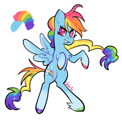 Size: 1080x1080 | Tagged: safe, artist:carconutty, rainbow dash, pegasus, pony, g4, alternate hairstyle, bipedal, cute, dashabetes, dreamworks face, female, grin, mare, markings, ponytail, redesign, reference sheet, simple background, smiling, solo, unshorn fetlocks, white background