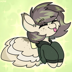 Size: 1500x1500 | Tagged: safe, artist:koapony, oc, oc only, pegasus, pony, clothes, coat markings, dappled, eyebrows, eyebrows visible through hair, eyes closed, freckles, happy, hoodie, raspberry, smiling, solo, tongue out