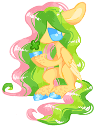 Size: 702x943 | Tagged: safe, artist:peaceandlove26, fluttershy, pegasus, pony, g4, alternate hair color, alternate hairstyle, clover, colored hooves, female, folded wings, four leaf clover, mare, simple background, sitting, solo, tail, unshorn fetlocks, white background, wings