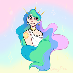 Size: 2048x2048 | Tagged: safe, artist:carconutty, princess celestia, human, g4, alternate hairstyle, clothes, crown, cute, cutelestia, cutie mark on human, cutie mark tattoo, dress, ear piercing, earring, female, high res, humanized, jewelry, piercing, regalia, solo, tattoo