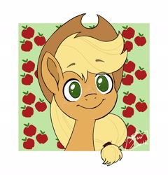 Size: 1962x2048 | Tagged: safe, artist:drawcaith, applejack, earth pony, pony, g4, apple, bust, cowboy hat, cutie mark background, female, food, hat, mare, no pupils, portrait, smiling, solo