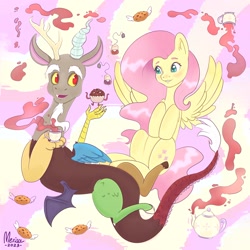 Size: 3000x3000 | Tagged: safe, artist:meriisa_a, discord, fluttershy, draconequus, pegasus, pony, g4, female, high res, mare, tea party