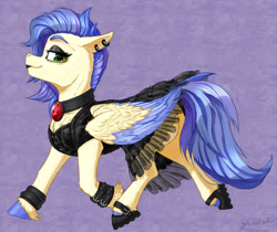 Size: 1024x862 | Tagged: safe, artist:thatonegib, oc, oc only, oc:dyed petals, pegasus, pony, clothes, ear piercing, earring, female, goth, hoof shoes, jewelry, lipstick, looking at you, mare, necklace, piercing, shoes, skirt, smiling, solo, trotting