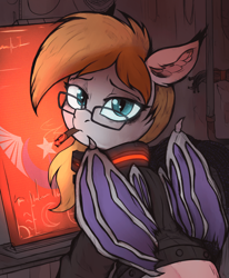 Size: 700x850 | Tagged: safe, artist:tatykin, oc, oc only, oc:ember eclipse, bat pony, pony, bat pony oc, bat wings, cigarette, clothes, computer, cyberpunk, dystopia, exhausted, glasses, jacket, leather, leather jacket, looking at you, looking back, looking back at you, male, new lunar republic, no source available, smoking, solo, stare, tired, tired eyes, wings