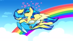 Size: 1920x1080 | Tagged: safe, artist:koapony, oc, oc only, oc:general mumble, oc:koa, pegasus, pony, blushing, boop, cloud, colored wings, colored wingtips, duo, flying, happy, heart, hug, noseboop, rainbow, spread wings, two toned wings, wings
