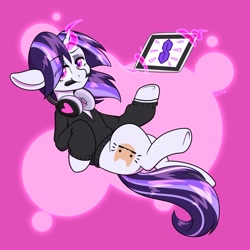 Size: 2000x2000 | Tagged: safe, artist:koapony, oc, oc only, pony, unicorn, clothes, eye clipping through hair, eyebrows, eyebrows visible through hair, headphones, high res, hoodie, levitation, lidded eyes, looking at you, magic, mouth hold, pen, solo, stylus, tablet, telekinesis, underhoof