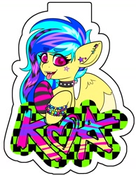 Size: 1136x1462 | Tagged: safe, artist:koapony, oc, oc only, oc:koa, pegasus, pony, bracelet, choker, clothes, colored wings, colored wingtips, ear piercing, earring, emo, eye clipping through hair, eyebrows, eyebrows visible through hair, fangs, jewelry, looking at you, open mouth, open smile, piercing, scene hair, scene kid, smiling, socks, solo, spiked choker, spread wings, striped socks, tongue out, two toned wings, wings