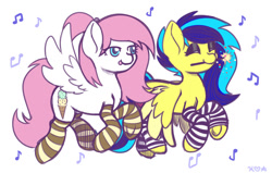Size: 1500x951 | Tagged: safe, artist:koapony, oc, oc only, oc:koa, pegasus, pony, clothes, colored wings, colored wingtips, eyes closed, flying, leg warmers, music notes, smiling, socks, sparkler (firework), spread wings, striped socks, tongue out, two toned wings, wings