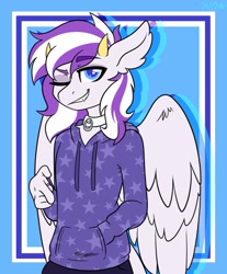 Size: 1200x1450 | Tagged: safe, artist:koapony, oc, oc only, pegasus, anthro, clothes, collar, eyebrows, eyebrows visible through hair, grin, hoodie, horns, looking at you, one eye closed, smiling, smirk, solo, spread wings, wings, wink, winking at you