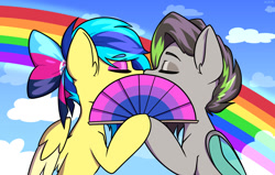 Size: 1500x953 | Tagged: safe, artist:koapony, oc, oc only, bat pony, pegasus, pony, colored wings, colored wingtips, eyebrows, eyebrows visible through hair, eyes closed, fan, hand fan, implied kissing, rainbow, two toned wings, wings