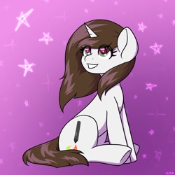 Size: 1500x1500 | Tagged: safe, artist:koapony, oc, oc only, oc:brittneigh ackermane, pony, unicorn, eye clipping through hair, sitting, smiling, solo