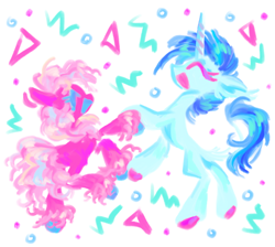 Size: 1280x1148 | Tagged: safe, artist:peaceandlove26, dj pon-3, pinkie pie, vinyl scratch, earth pony, pony, unicorn, g4, dancing, duo, female, lesbian, ship:vinylpie, shipping