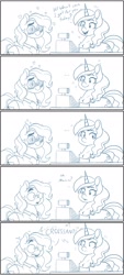 Size: 927x2048 | Tagged: safe, artist:somefrigginnerd, sweet biscuit, oc, oc:pencil test, earth pony, pony, unicorn, g4, apron, cash register, clothes, comic, crush, dialogue, duo, duo female, female, freckles, glasses, jewelry, mare, monochrome, piercing, shirt, simple background, white background