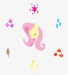 Size: 802x888 | Tagged: safe, artist:lennytribe, fluttershy, pegasus, pony, g4, applejack's cutie mark, eyes closed, female, fluttershy's cutie mark, mare, pinkie pie's cutie mark, rainbow dash's cutie mark, rarity's cutie mark, simple background, solo, twilight sparkle's cutie mark, white background