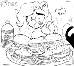 Size: 1642x1470 | Tagged: safe, artist:somefrigginnerd, oc, oc only, oc:pencil test, earth pony, pony, burger, camera shot, cheeseburger, dialogue, disembodied hoof, dr pepper, ear piercing, earring, female, food, freckles, glasses, grayscale, hamburger, jewelry, mare, monochrome, mukbang, piercing, smiling, soda, solo focus, this will end in weight gain, unshorn fetlocks