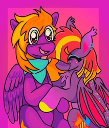 Size: 1450x1700 | Tagged: safe, artist:button, oc, oc only, oc:burningstar, oc:fire star, bat pony, pegasus, pony, bust, cute, female, hug, mare, portrait, siblings, sisters