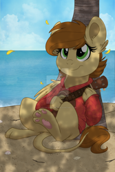 Size: 800x1200 | Tagged: safe, artist:circus cinnamon, oc, oc only, unnamed oc, pony, sphinx, beach, brown mane, clothes, detailed background, digital art, ear fluff, green eyes, guitar, hoodie, leonine tail, looking at you, musical instrument, palm tree, paw pads, paws, sitting, solo, sphinx oc, tail, tree, ukulele