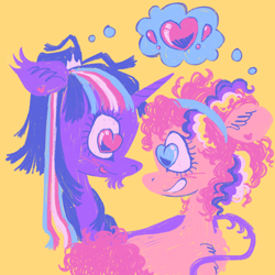 Size: 1000x1000 | Tagged: safe, artist:peaceandlove26, pinkie pie, twilight sparkle, earth pony, pony, unicorn, g4, duo, female, heart, heart eyes, lesbian, looking at each other, looking at someone, nonbinary, nonbinary pride flag, pride, pride flag, redraw, ship:twinkie, shipping, simple background, t4t, thought bubble, transgender, transgender pride flag, wingding eyes