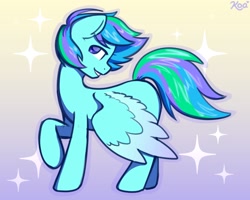 Size: 1802x1441 | Tagged: safe, artist:koapony, oc, oc only, pegasus, pony, colored wings, colored wingtips, eyebrows, eyebrows visible through hair, gradient wings, looking at you, raised hoof, solo, sparkles, spread wings, wings