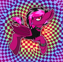 Size: 1500x1474 | Tagged: safe, artist:koapony, oc, oc only, bat pony, pony, bracelet, choker, eye clipping through hair, eyebrows, eyebrows visible through hair, furrowed brow, jewelry, looking at you, one eye closed, raspberry, scene hair, scene kid, solo, spiked choker, spread wings, tongue out, wings