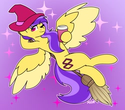 Size: 1880x1653 | Tagged: safe, artist:koapony, oc, oc only, oc:koa, pegasus, pony, broom, coffee, colored wings, colored wingtips, eyebrows, eyebrows visible through hair, flying, flying broomstick, hat, looking at you, one eye closed, smiling, sparkles, two toned wings, wings, wink, winking at you, witch hat