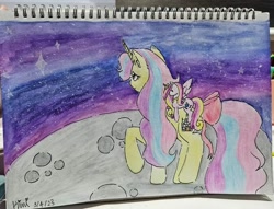 Size: 710x542 | Tagged: safe, artist:fluff_pone, princess cadance, oc, oc:tiara, alicorn, pony, g4, 2023, moon, sketch