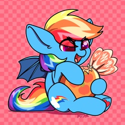 Size: 1500x1500 | Tagged: safe, artist:koapony, rainbow dash, bat pony, pony, g4, bat ponified, candy, cute, cute little fangs, eye clipping through hair, fangs, food, open mouth, open smile, race swap, smiling, solo, spread wings, wings