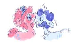 Size: 1244x797 | Tagged: safe, artist:webkinzworldz, pinkie pie, rarity, earth pony, pony, unicorn, g4, alternate hairstyle, blushing, chest fluff, duo, ear fluff, ear tufts, eyeshadow, facial hair, female, goatee, headband, heart, heart eyes, jewelry, kissing, leonine tail, lesbian, makeup, necklace, pearl necklace, ship:raripie, shipping, short hair, simple background, sparkles, tail, unicorn beard, white background, wingding eyes