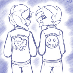 Size: 1500x1500 | Tagged: safe, artist:koapony, oc, oc only, oc:general mumble, oc:koa, anthro, clothes, eye clipping through hair, eyebrows, eyebrows visible through hair, jacket, open mouth, open smile, sketch, smiling, varsity jacket