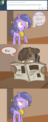 Size: 1181x3016 | Tagged: safe, artist:lolepopenon, oc, oc only, oc:billie, oc:oliver, earth pony, pony, ask billie the kid, ask, comic, cowboy hat, duo, female, filly, foal, hat, male, messy mane, newspaper