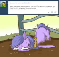 Size: 1181x1125 | Tagged: safe, artist:lolepopenon, oc, oc:billie, earth pony, pony, ask billie the kid, ask, derp, dirt, face down ass up, faceplant, fail, mud, solo