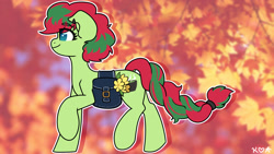 Size: 1920x1080 | Tagged: safe, artist:koapony, oc, oc only, earth pony, pony, bag, eye clipping through hair, eyebrows, eyebrows visible through hair, flower, saddle bag, smiling, solo