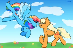 Size: 2048x1365 | Tagged: safe, artist:koapony, applejack, rainbow dash, earth pony, pegasus, pony, g4, boop, colored wings, duo, eyebrows, eyebrows visible through hair, female, flying, happy, lesbian, mare, noseboop, ship:appledash, shipping, smiling, wings