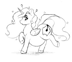 Size: 1053x911 | Tagged: safe, artist:somefrigginnerd, oc, oc only, oc:pencil test, alicorn, pony, alicorn oc, alicornified, confused, fat, female, freckles, grayscale, horn, large butt, mare, monochrome, question mark, race swap, raised hoof, raised leg, side view, simple background, solo, unshorn fetlocks, white background, wings