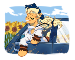 Size: 3500x2800 | Tagged: safe, artist:djkaskan, applejack, earth pony, pony, g4, car, clothes, flower, hat, high res, shirt, sunflower