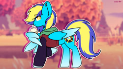 Size: 1920x1080 | Tagged: safe, artist:koapony, oc, oc only, oc:general mumble, pegasus, pony, clothes, colored wings, colored wingtips, eyebrows, eyebrows visible through hair, hoodie, looking at you, smoothie, solo, two toned wings, wing hands, wing hold, wings